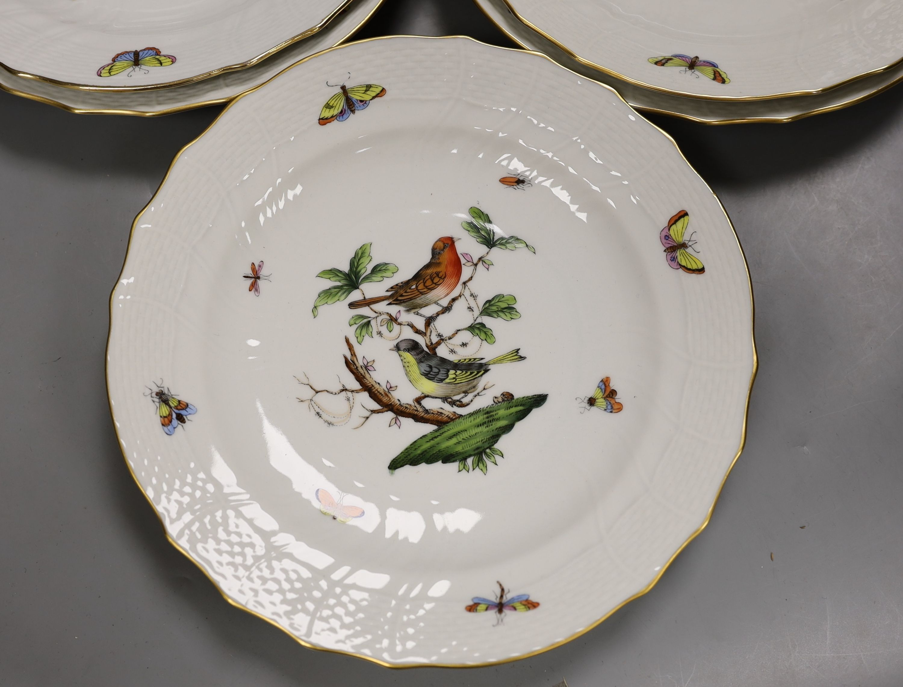 Eight Herend Rothschild bird hand painted dessert plates, 23 cms diameter.